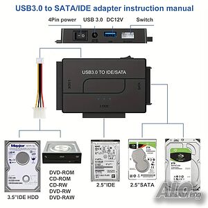 USB 3.0 към IDE и SATA адаптер, 2,5”/3,5” HDD/SSD,12V/2A захранващ адаптер