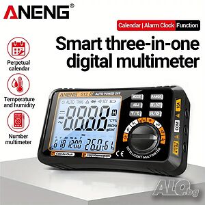 Цифров мултицет ANENG 612, AC/DC, ток, честота, съпротивление. С термохигрометър, календар, аларма