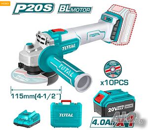 Акумулаторен безчетков ъглошлайф TOTAL Industrial, Ø115 mm, 20 V / 4 Ah