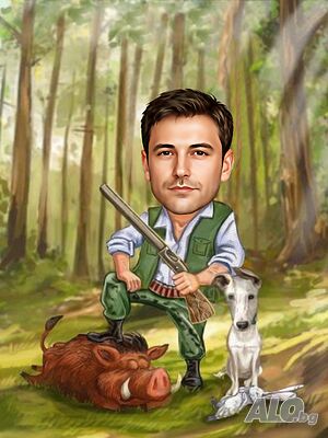 Карикатура А3 + рамка промо цена 15 € - шарж подарък за ловец, рибар, офроуд фен, природа