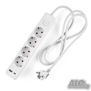 Разклонител Muhler с ключ, 4гн. +2X USB порта тип А+C(бързо зарядно)
