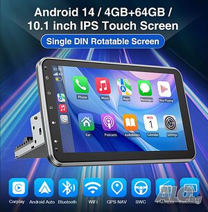 4/64GB с 10.1” въртящ се дисплей 1-DIN мултимедия с Android 14, CarPlay и Android Auto