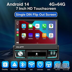 7” 1-DIN мултимедия с Android 14 и изваждащ се дисплей, RDS, 4GB/64GB, CarPlay AndroidAuto