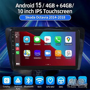 10” 2-DIN мултимедия за Skoda Octavia (2014-2018) с Android 15, 4/64GB, 1280x720, CP и AA
