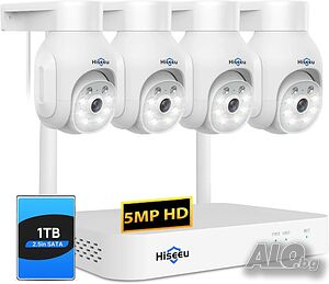 Hiseeu 5MP безжична PTZ система IP66 4 бр. WiFi камери, 1TB твърд диск, 4K 10CH NVR, 2-посочно аудио