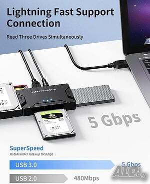 USB 3.0 към IDE и SATA адаптер, четец на твърди дискове универсален 2,5”/3,5” инчов HDD/SSD 12V/2A