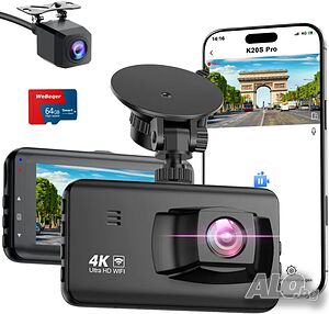 НОВА K20S Pro предна и задна даш камера, 4K с 64GB карта, 4K+1080P WiFi, 2-канална камера с 3” IPS