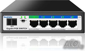 НОВ Goalake 5 портов гигабитов PoE суич, 4 гигабитови порта + 1 гигабитов SFP слот PoE+@52W, ТИХ