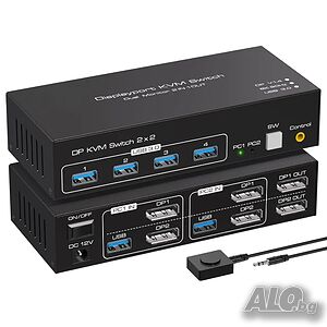 НОВ VPFET DisplayPort KVM превключвател за 2 монитора 4K120Hz 8K60Hz DP 1.4 суич за 2 компютъра