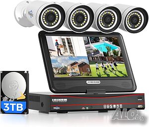 ЧИСТО НОВА с 3TB HDD Hiseeu 5MP 8-канална PoE CCTV СОТ система с 10’’ LCD монитор, 4бр. камери...