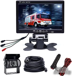 НОВ комплект задна камера с монитор Hikity, водоустойчива 18 IR LED нощно виждане, 7” монитор...
