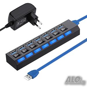 НОВ USB 3.0 хъб, 7 в 1, Малък и преносим, 7 порта, за пътуване, офис, дома, OUYLAF, Черен
