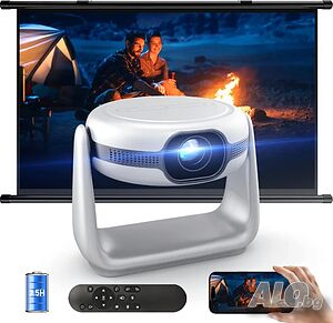 Нов, пълен комплект с мека чанта 4K проектор НА БЪЛГАРСКИ с батерия и Андроид EUARY. Авто фокус...