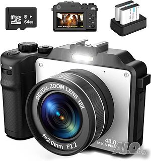Цифрова фотокамера TEKXDD, 4K Vlog камера, 64GB SD, 18X увеличение, двойна камера предна и задна...