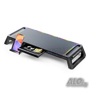 Чисто нова Стойка за монитор MOOJAY S57 за настолни RGB геймърски светлини с 4 USB 3.0 порта...