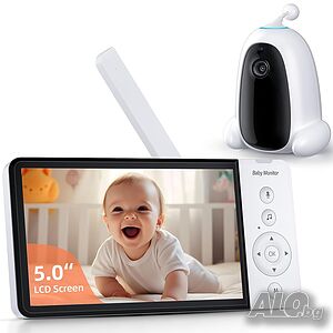 Бебефон без WiFi с 5” HD монитор, камера и аудио, сензор за стайна температура, автоматично нощно...