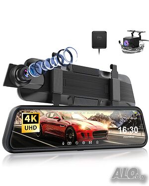 ThiEYE 4K Dash Carview 4 Mirror Dash Cam с камера за заден ход 10-инчов IPS сензорен екран...