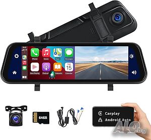 Ново Смарт Огледало за задно виждане AMprime 9.66’’ (1080P Видеорегистратор, Безжичен CarPlay и An..