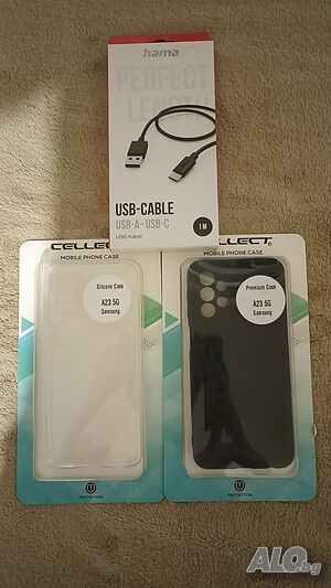 Продавам 2 броя кейсове за Samsung Galaxy A23 и USB-A към USB-C кабел