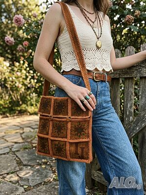 Уникална дамска чанта от естествен велур и плетен кант (Vintage / Boho style)