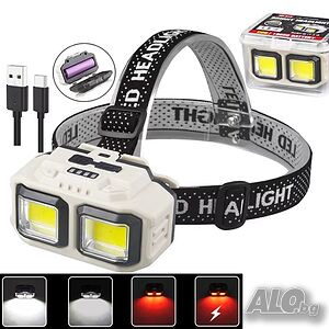 Мощен LED Фенер Челник с 2 COB диода, акумулаторна батерия