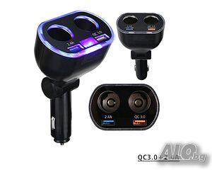 Разклонител за запалка 12V/24V с волтметър, 2 гнезда и QC 3.0 USB