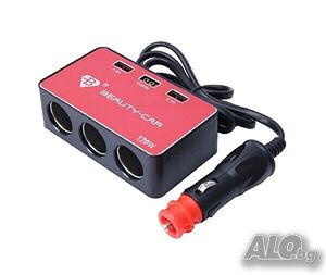 Разклонител за запалка с волтметър - 3 гнезда + 2 USB (120W)
