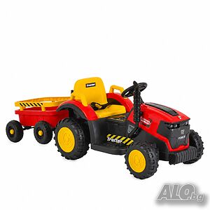 ТОП ЦЕНА! НОВО! Акумулаторен трактор с ремарке TERRON RED с 12V батерия, дистанционно,USB, мини лопатка