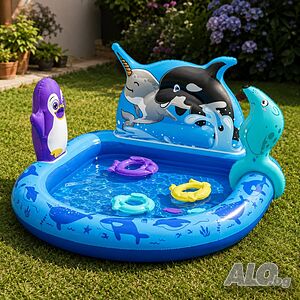 Надуваем детски басейн с морски животни, водни играчки и игра за хвърляне на халки,