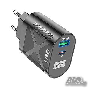 Бързо зарядно за телефон GaN, 65W, 1x USB-А 32W, 1x PD 32W