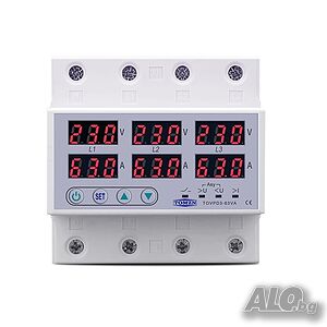 TOMZN Трифазно реле за защита по напрежение и ток 3 х 230V, 63А, автоматичен предпазител