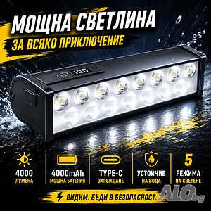 Ултра ярък 15 LED бар за велосипед, 4000 lm, USB-C, Бяла и жълта светлина