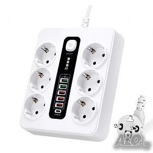 Разклонител Sumker, 6 контакт, 5 бр. USB, 1 бр. C конектор, 220V, 3000W, 10A, бял