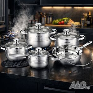 Комплект съдове за готвене 12 части Cheffinger, с индукционно дъно и стъклени капаци