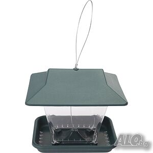 Хранилка за птици с прозрачен контейнер 17.5 см - висяща, за семена и храна, 4 отвора