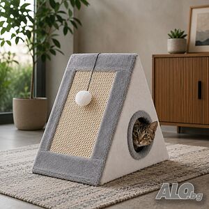 Къщичка за котки 4 в 1 - Драскалка, легло, играчка и уютно скривалище 39 x 45 x 14 cm
