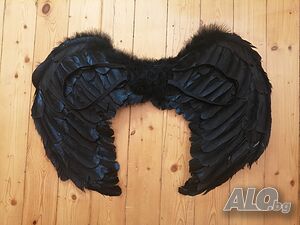 Големи черни ангелски крила 60 см х 42 см, от пера и пух, Хелоуин, парти, косплей, фотосесия
