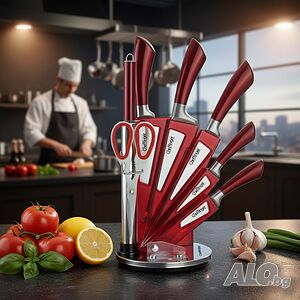 Комплект ножове 8 части със стойка Cheffinger - неръждаема стомана, въртяща се акрилна поставка 360°