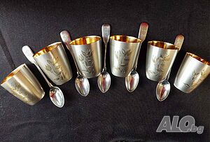 СССР-сребърни 875 чаши с позлата, шест броя/Царска Русия пет лъжички сребро 84-100 лв за брой/