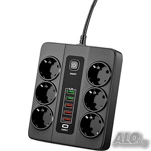 Разклонител за контакт 220V 6 гнезда 5 USB със защита