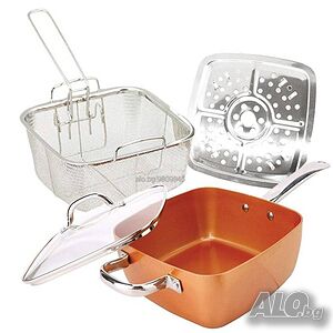 Топ цена! Нов дълбок меден тиган Copper Pan, Комплект 6 в 1, Незалепващо Cerami-Tech покритие → Обяв