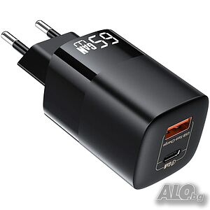 Бързо зарядно за телефон GaN, 65W, 1x USB-А, 1x USB-C