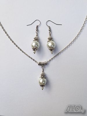 ⚜️⚜️⚜️Разкошен комплект колие и обеци с кристални перли и изящни орнаменти в цвят Антично сребро