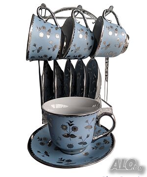 Сервиз за кафе и чай Gerdani BG, 6 бр, чаши, чинии, стойка, Бял / Син