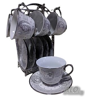 Сервиз за кафе и чай Gerdani BG, 6 бр, чаши, чинии, стойка, Бял/Сив