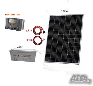 Комплект соларна система - 200W панел + 20A PWM контролер + 200Ah AGM батерия