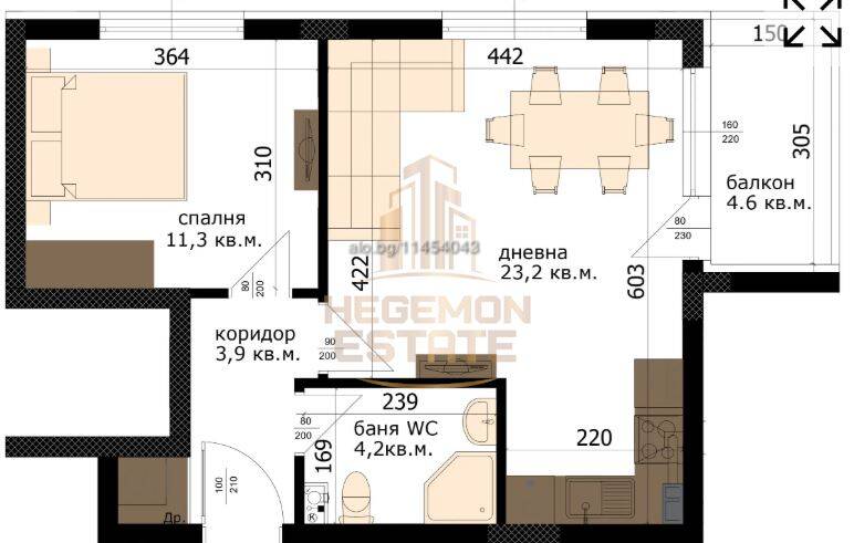 Двустаен апартамент 64 кв.м Тухла 2029 г. 3 етаж Непоследен