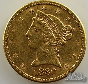 Златна монета САЩ 5 Долара 1880 г Сан Франциско, aUNC