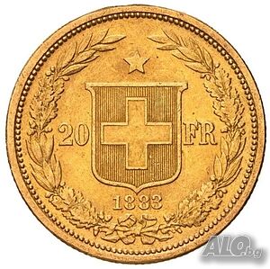Монета Швейцария 20 Франка 1883 г. Хелветика