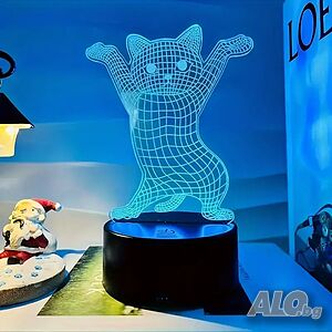 Холограмна 3D LED лампа Смешна Котка,RGB Седемцветен Интелигентен Контрол,USB